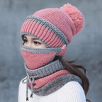 Sæt med strikket vinterhue, ansigtsmaske og halsvarmer