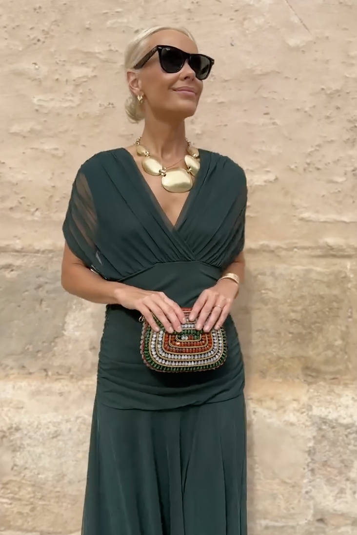 Damen drapiertes V-Ausschnitt Midi-Kleid mit transparentem Überwurf