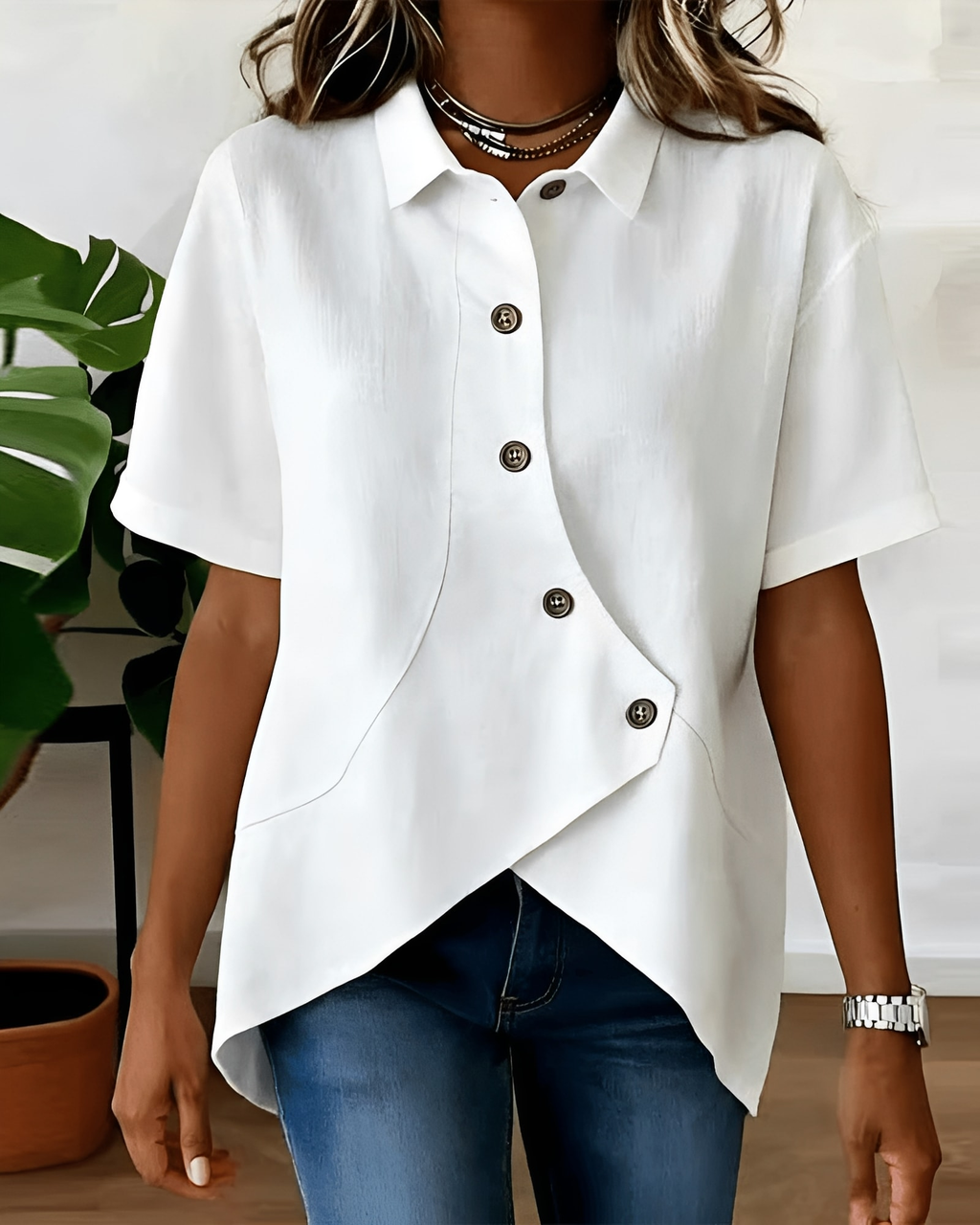 Dame asymmetrisk afslappet bluse med knapper foran og krave  