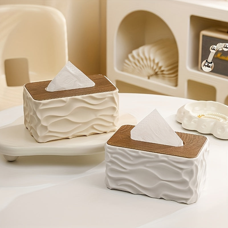 Textured Tissue Box Cover with Wood-Effect Top