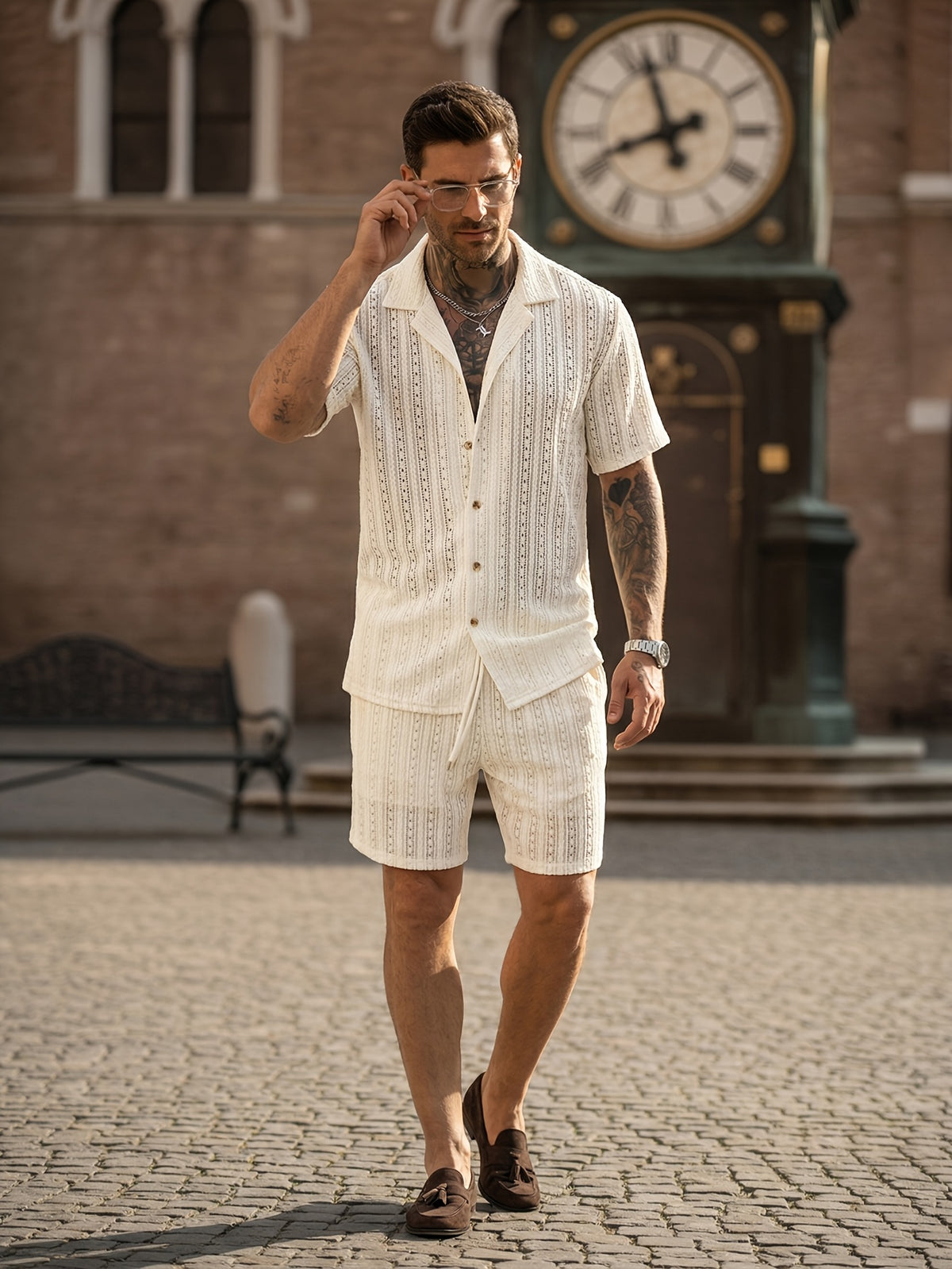 Camisa de resort abierta de punto con textura y botones para hombre