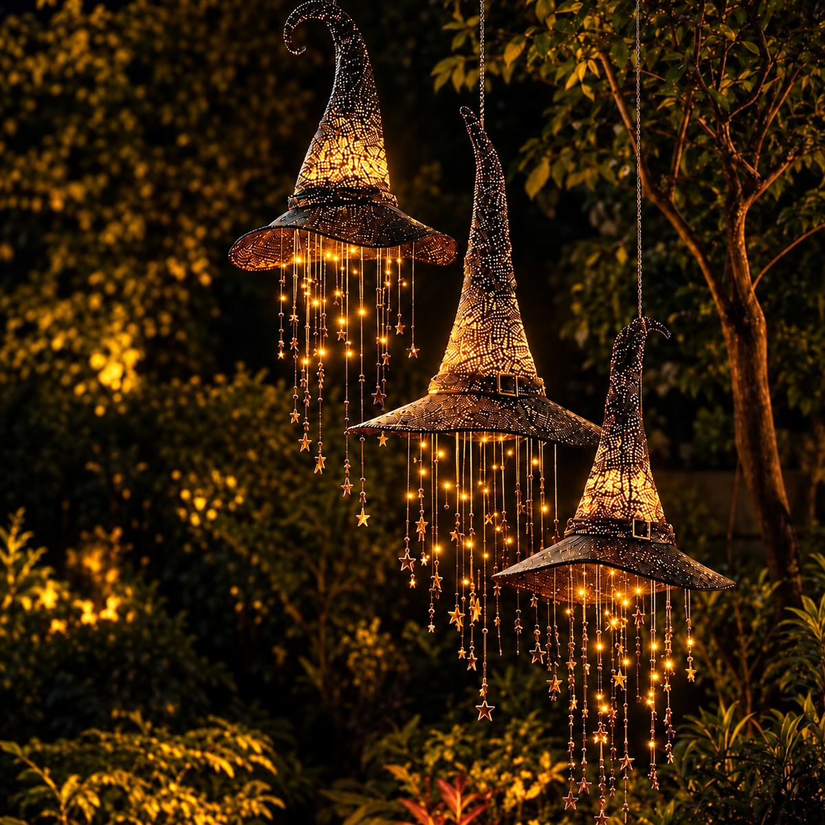 Luci a forma di cappello da strega di Halloween da appendere, con stelle decorative, per decorare la casa durante le feste