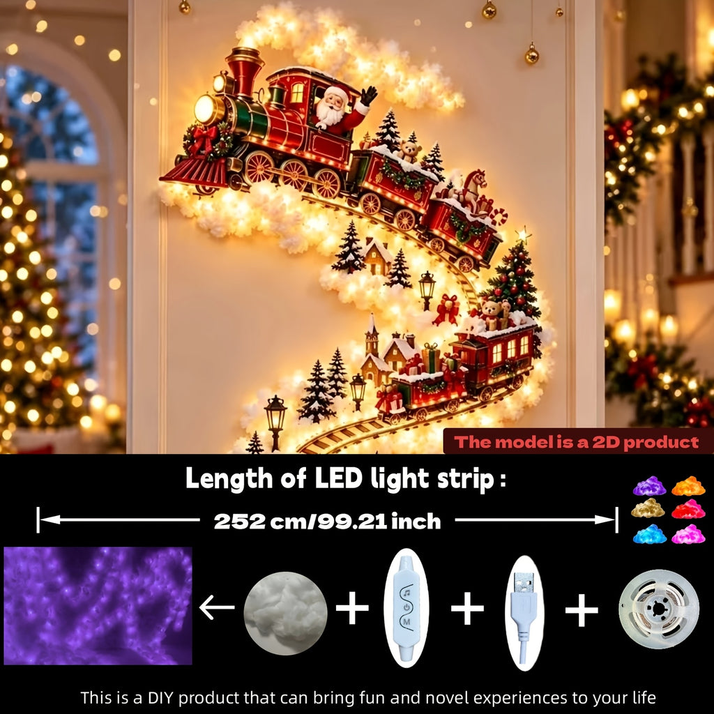 Beleuchtete Weihnachtszug-Wanddekoration mit dem Weihnachtsmann und festlicher Dorfszene
