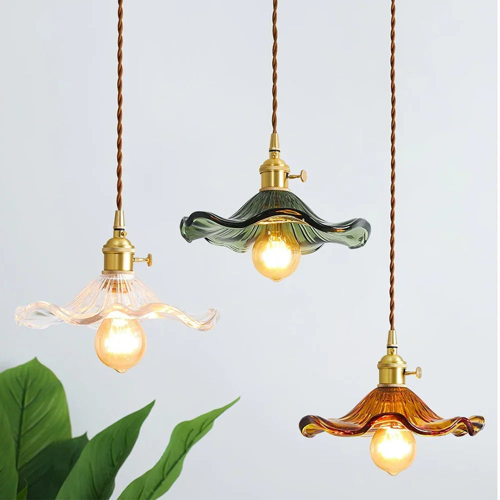 Vintageblommig pendellampa i glas