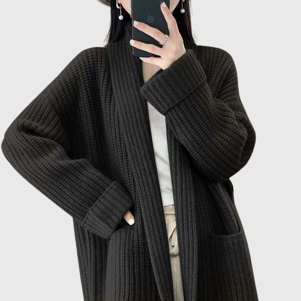 Manteau long texturé pour femme, ouvert sur le devant