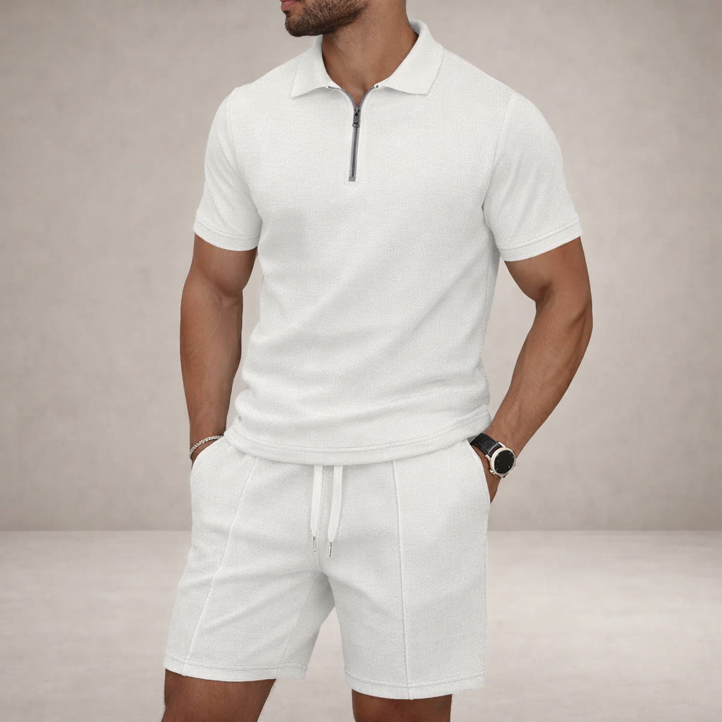 Herren-Set aus strukturiertem Polo und Shorts mit Halb-Reißverschluss-Design
