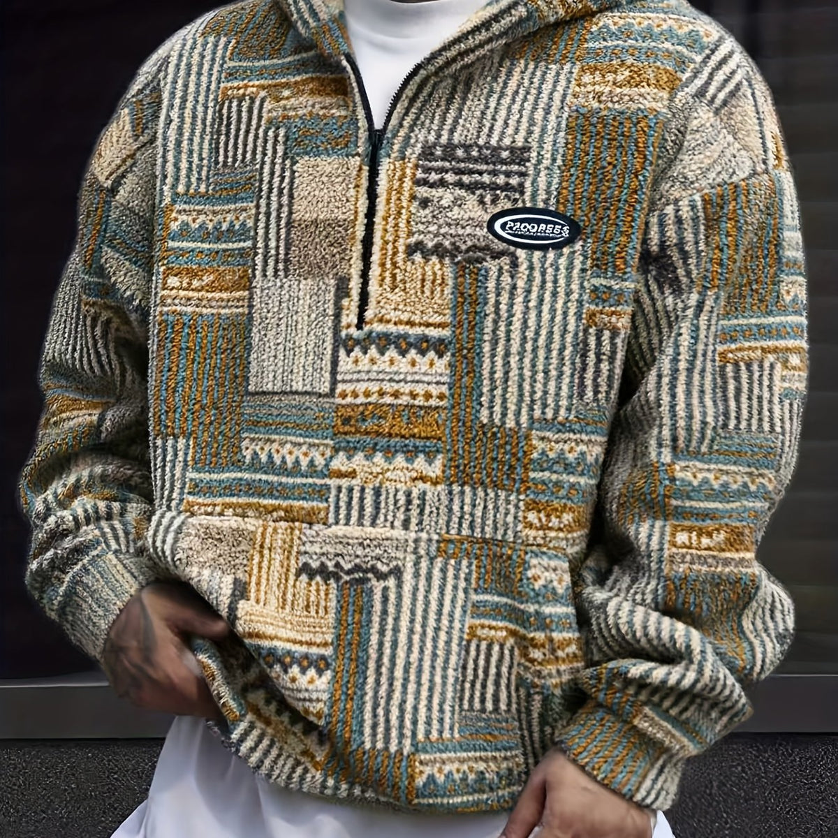 Men’s Geometric Pattern Hooded Pullover with Half Zip