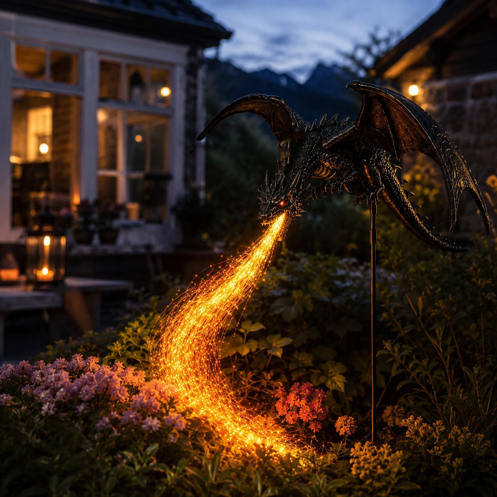 Solcelledrevet havedekoration på stake med drage og fiberoptisk flammeeffekt