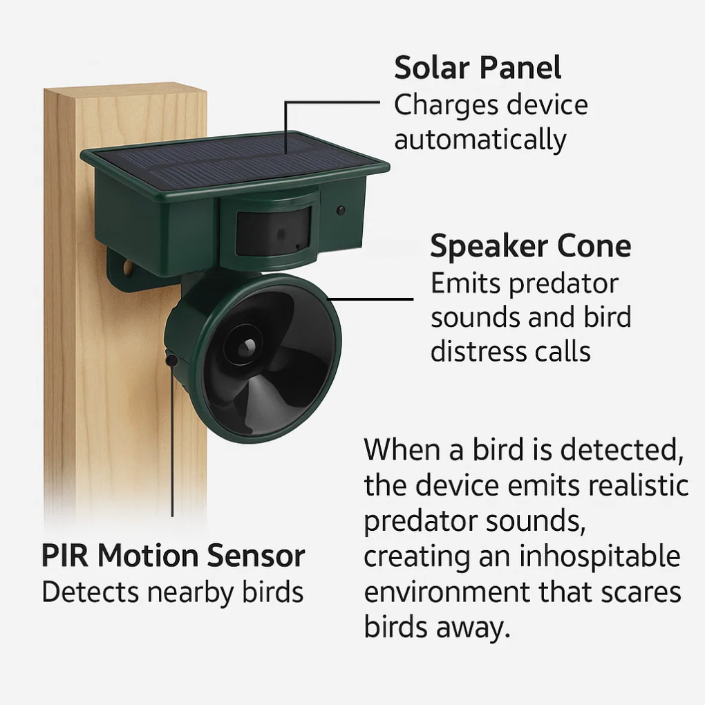 Ahuyentador de aves con sensor de movimiento para exteriores y modos de sonido ajustables