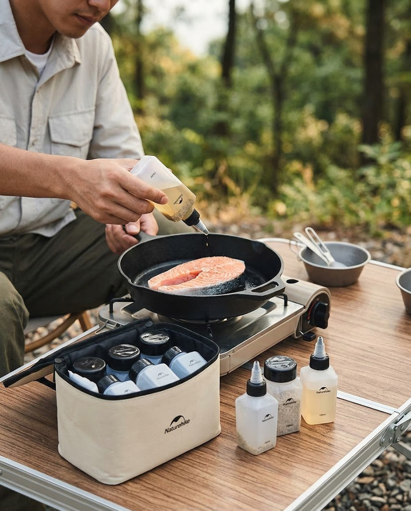 Portabelt kryddset för camping med kryddburkar och förvaringsväska
