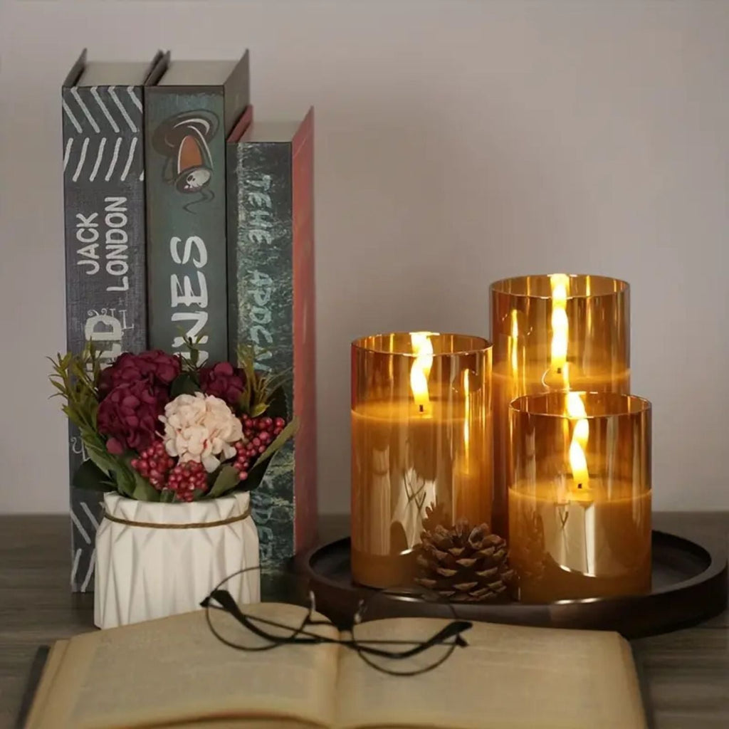 Set di 3 candele LED in vetro senza fiamma con telecomando