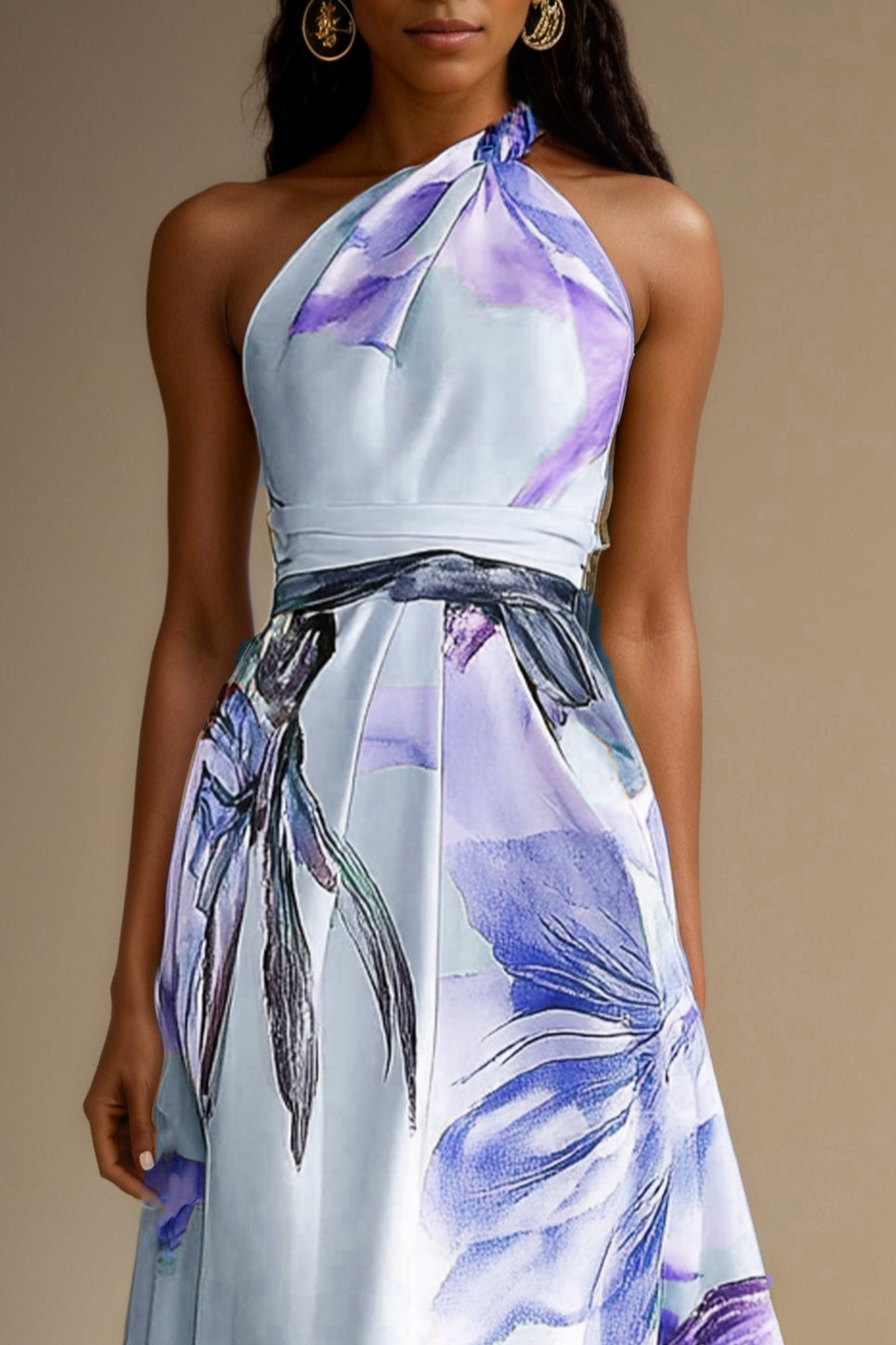 Vestido maxi con cuello halter y estampado floral para mujer con detalle en la cintura
