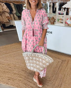 Robe maxi imprimé bohème pour femmes avec col à nouer à pompons