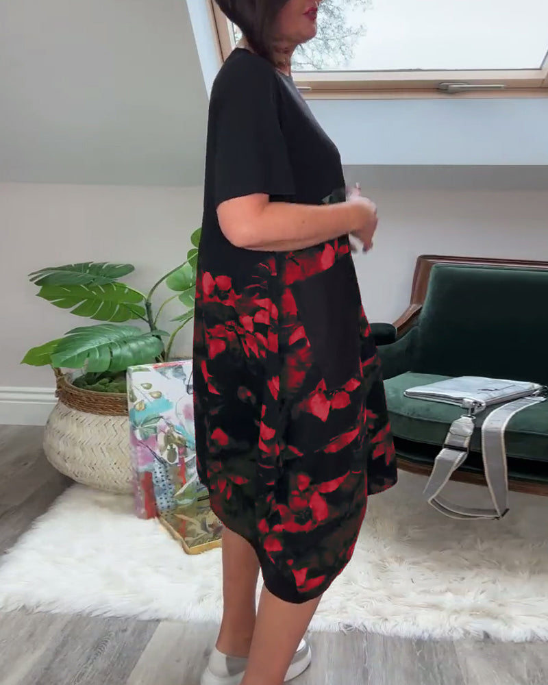 Mellanklänning för kvinnor med blommigt panelmönster