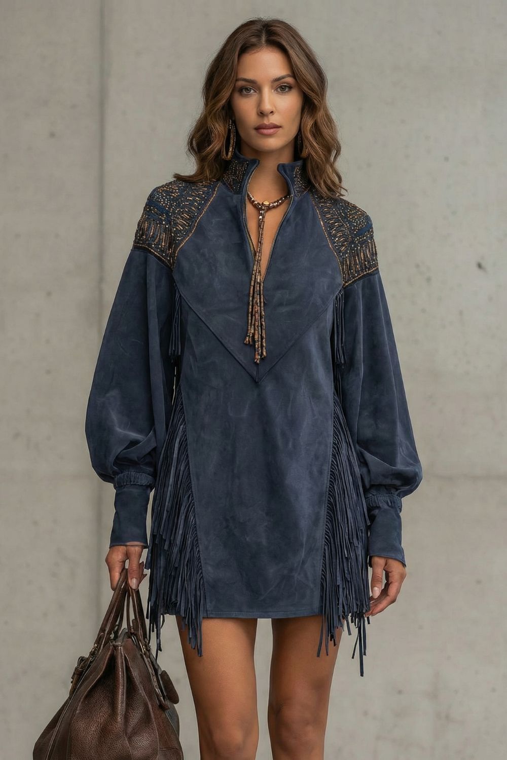Vestido corto occidental con flecos para mujer