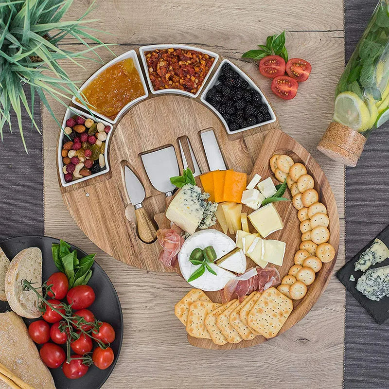 Plateau à fromage rotatif en acacia avec set de couteaux