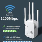 Dualband-WiFi-rækkeviddeforlænger med 2,4 GHz- og 5 GHz-forbindelse