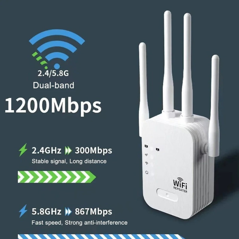 Dualband-WiFi-rækkeviddeforlænger med 2,4 GHz- og 5 GHz-forbindelse