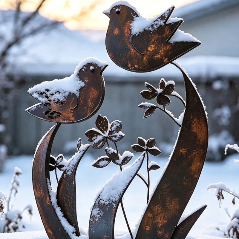 Rustik havepind i jern med fugle- og blomstermotiv