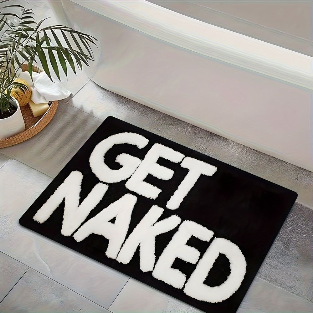Badrumsmatta med texten "Get Naked"