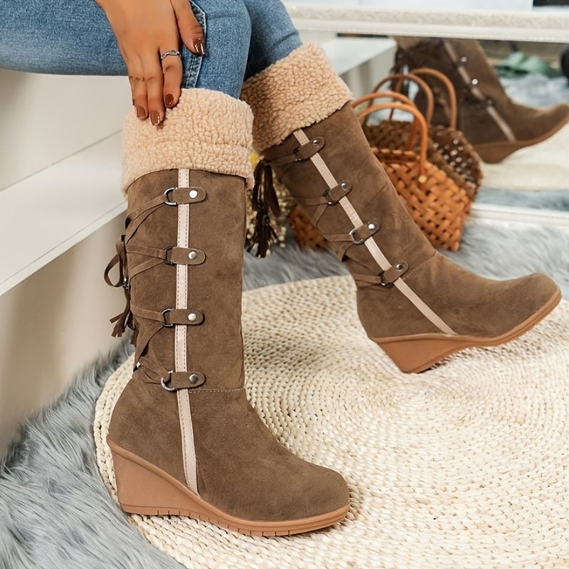 Botas de cuña para mujer, a media pantorrilla, con hebilla