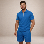 Herren-Set aus strukturiertem Polo und Shorts mit Halb-Reißverschluss-Design