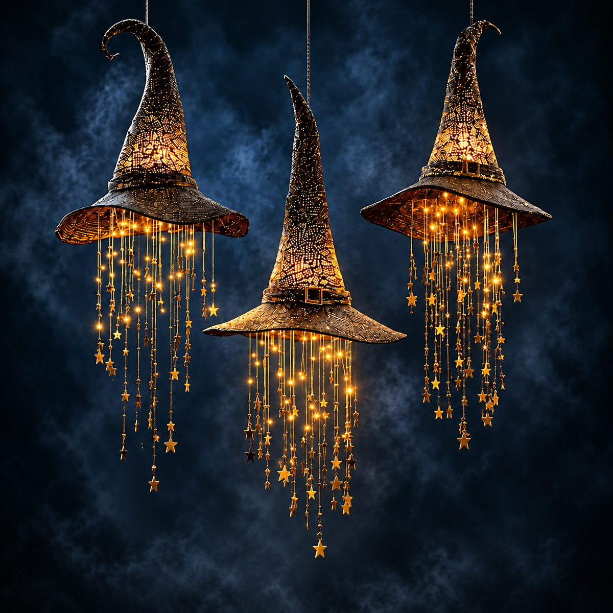 Luci a forma di cappello da strega di Halloween da appendere, con stelle decorative, per decorare la casa durante le feste