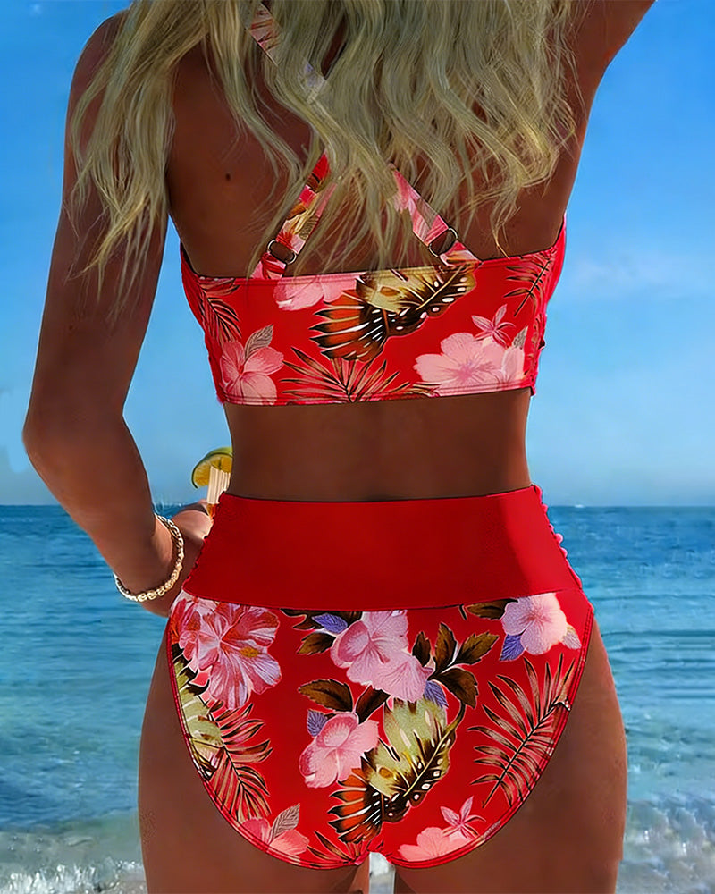 Conjunto de bikini cruzado con estampado floral para mujer y braguita de talle alto con soporte