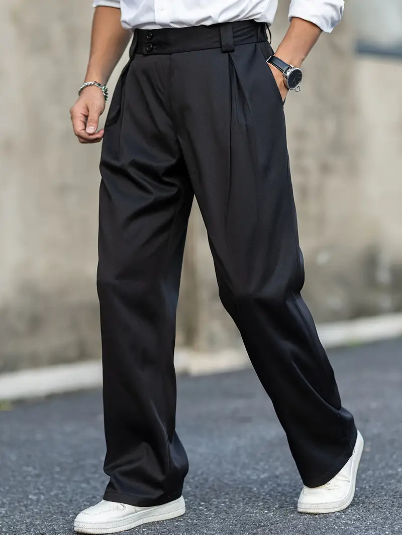 Pantalones de pierna ancha con pliegues delanteros para hombre, cómodos y casuales