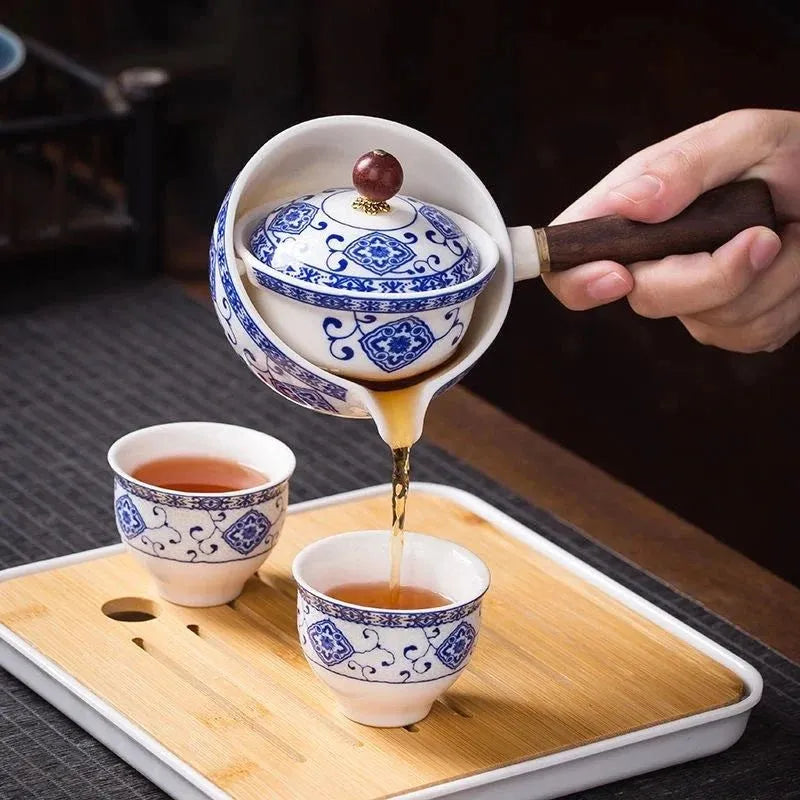 Juego de té Gongfu de porcelana con asa lateral de madera y tapa ajustada