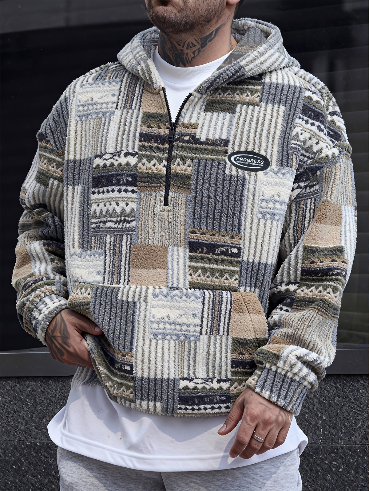 Men’s Geometric Pattern Hooded Pullover with Half Zip