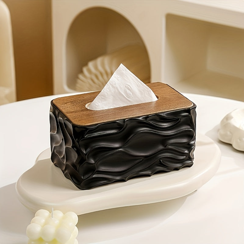 Textured Tissue Box Cover with Wood-Effect Top