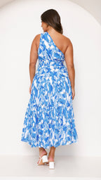 Vestido midi de un solo hombro para mujer con estampado floral abstracto, textura plisada y cintura fruncida con smock