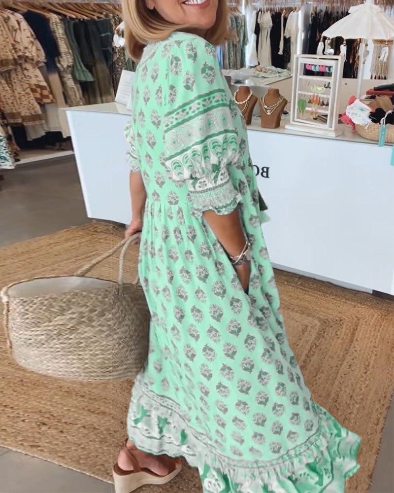 Robe maxi imprimé bohème pour femmes avec col à nouer à pompons