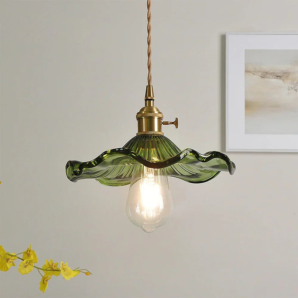 Vintageblommig pendellampa i glas