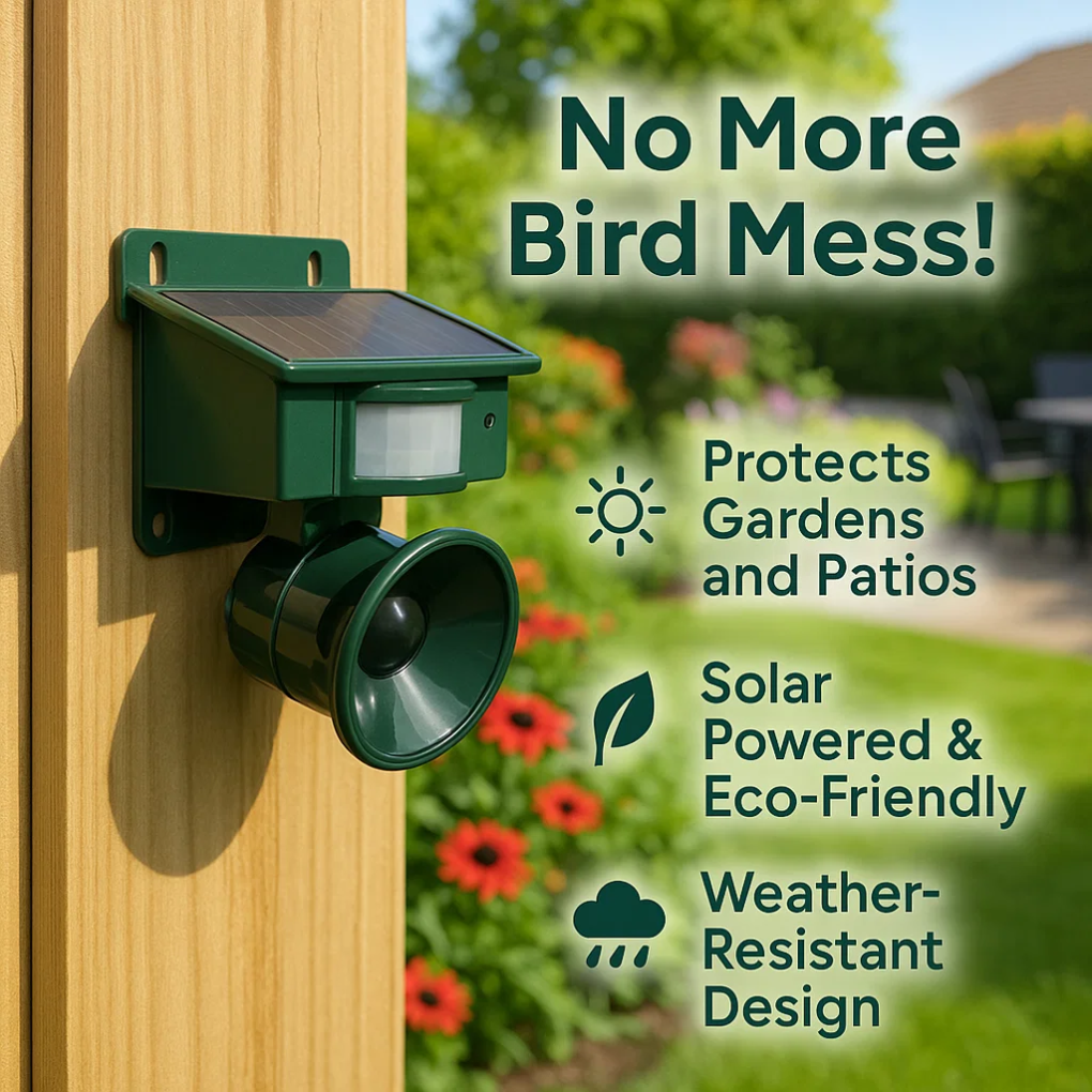 Ahuyentador de aves con sensor de movimiento para exteriores y modos de sonido ajustables