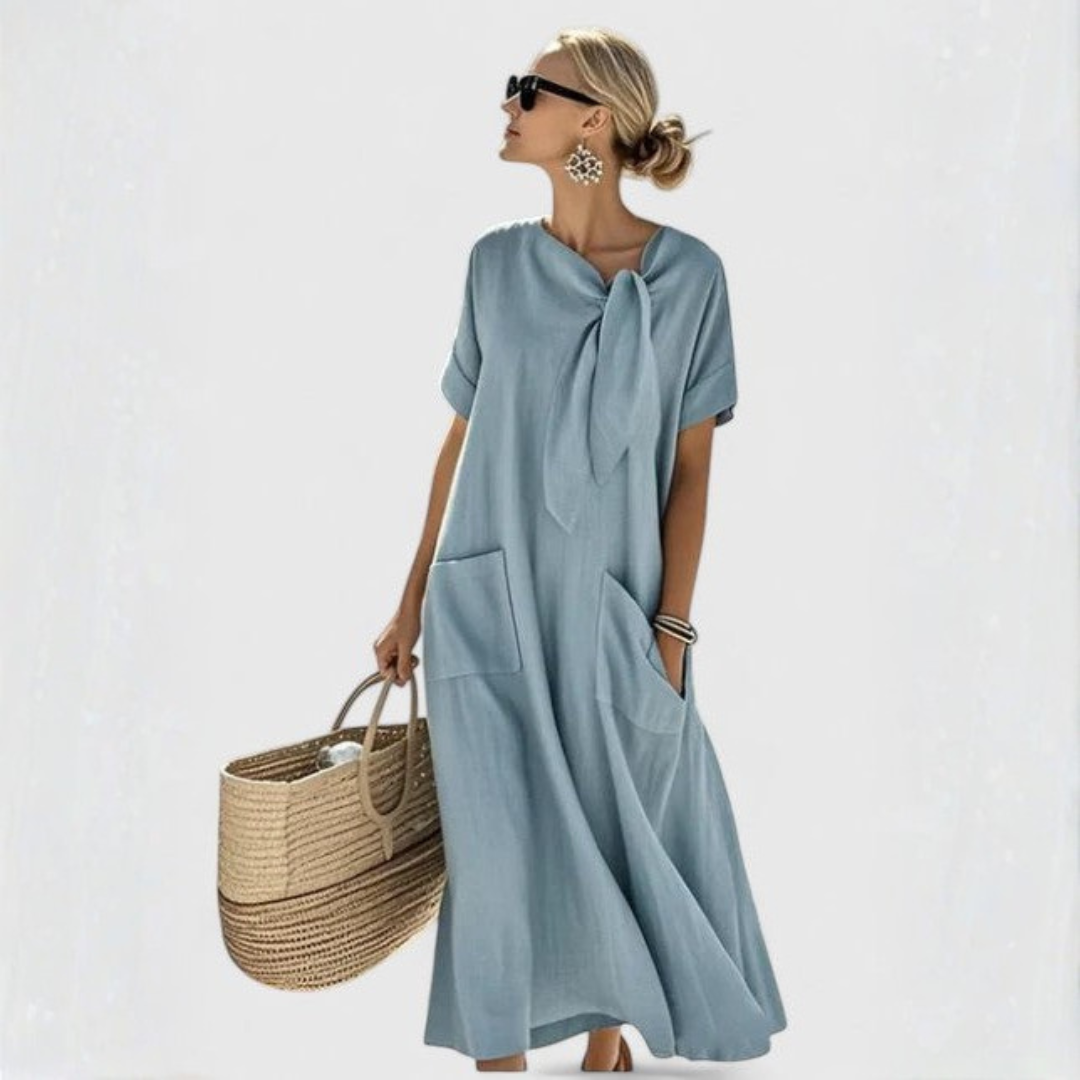 Women's Relaxed Midi Dress with Tie Neck and Pockets for Effortless Summer Style