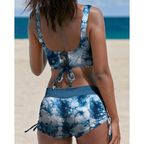 Women's Two-Piece Swim Set with Tie-Dye Print and Ruched Shorts
