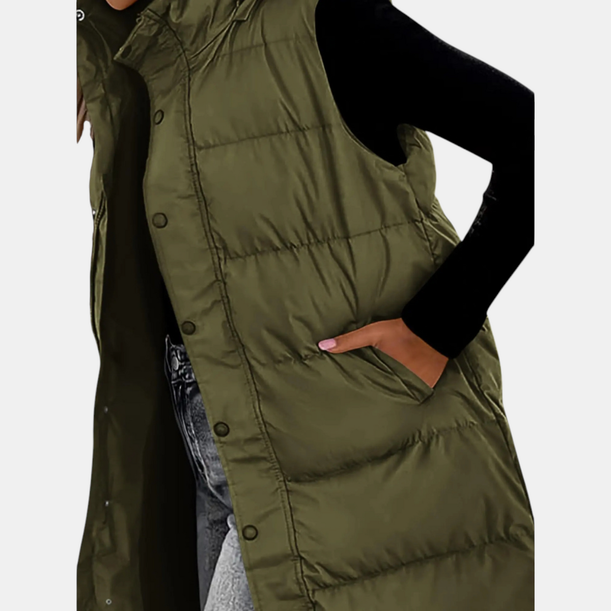 Women's Long Hooded Puffer Vest with Side Snap Buttons