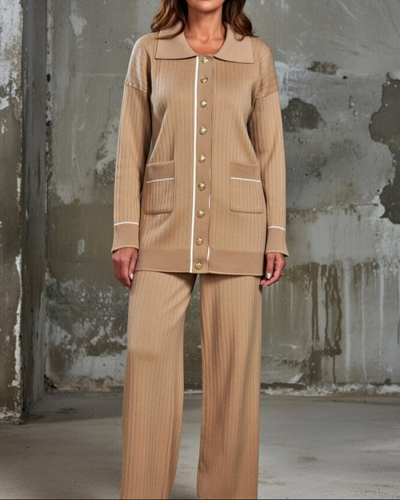 Women's Ribbed Button-Front Pants Set