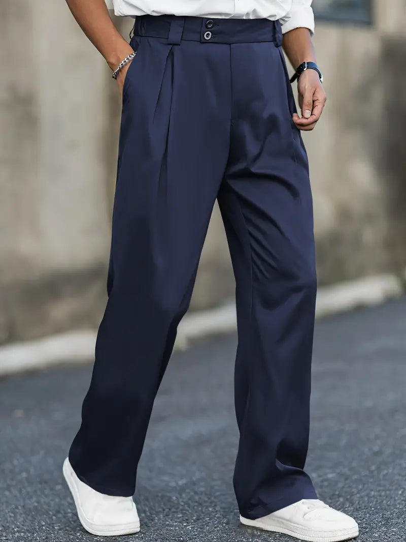 Pantalones de pierna ancha con pliegues delanteros para hombre, cómodos y casuales