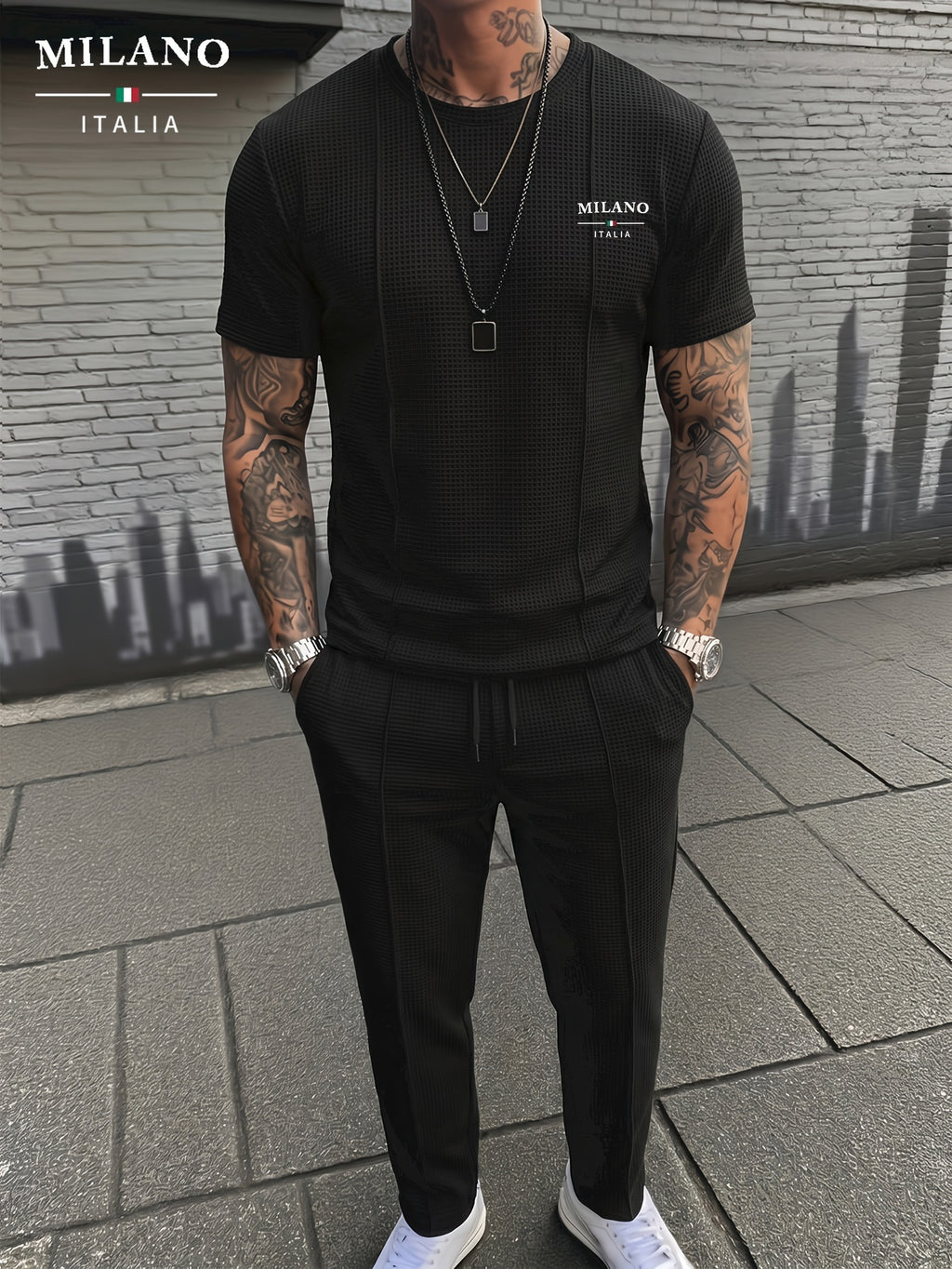 Herren-Set aus strukturiertem T-Shirt mit lässiger Passform und Hose