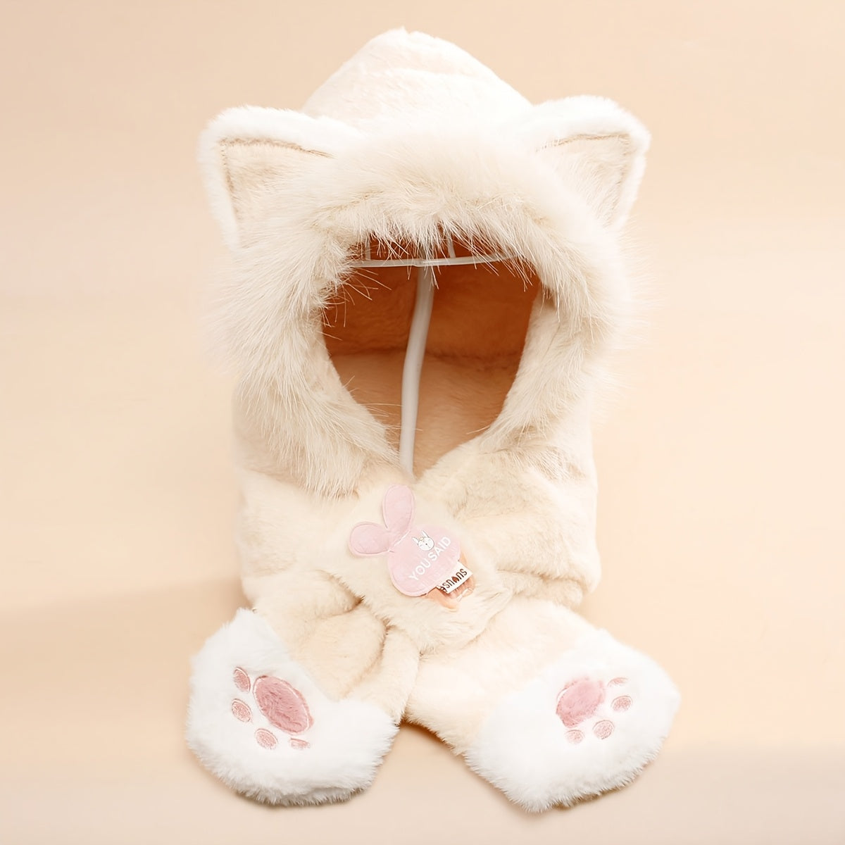 Bufanda infantil con capucha de pelo sintético y manoplas con forma de patas