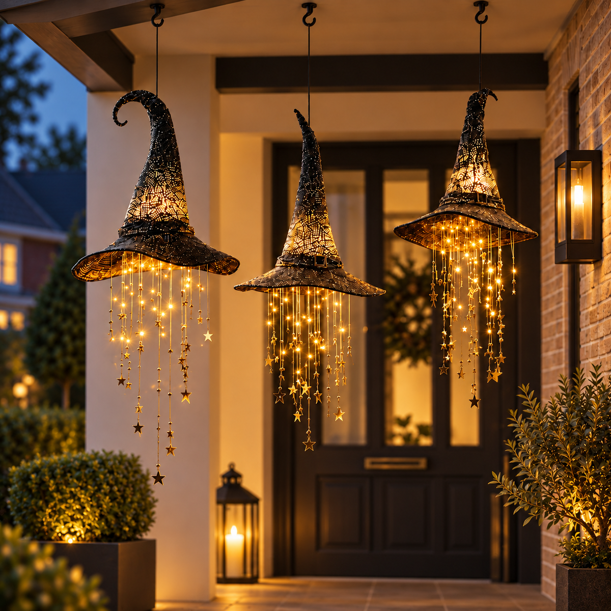 Luci a forma di cappello da strega di Halloween da appendere, con stelle decorative, per decorare la casa durante le feste