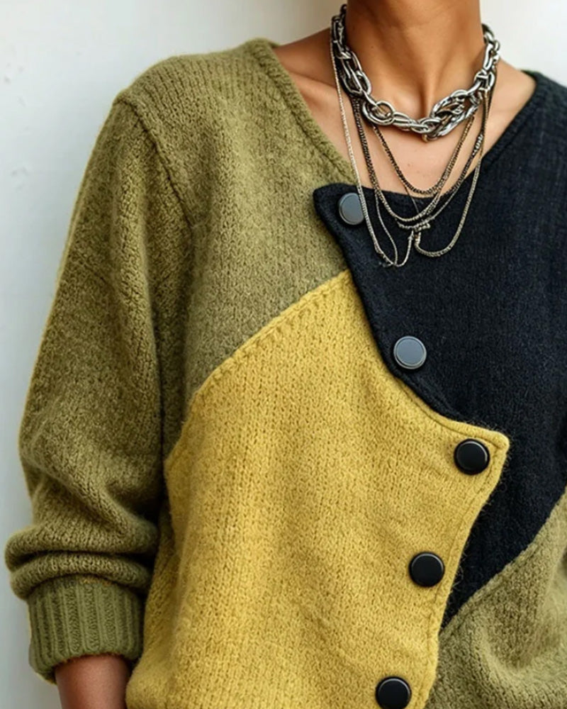 Damski sweter z blokami kolorów i guzikami