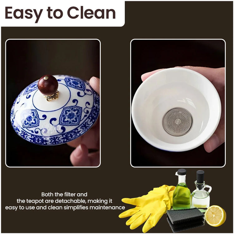Juego de té Gongfu de porcelana con asa lateral de madera y tapa ajustada