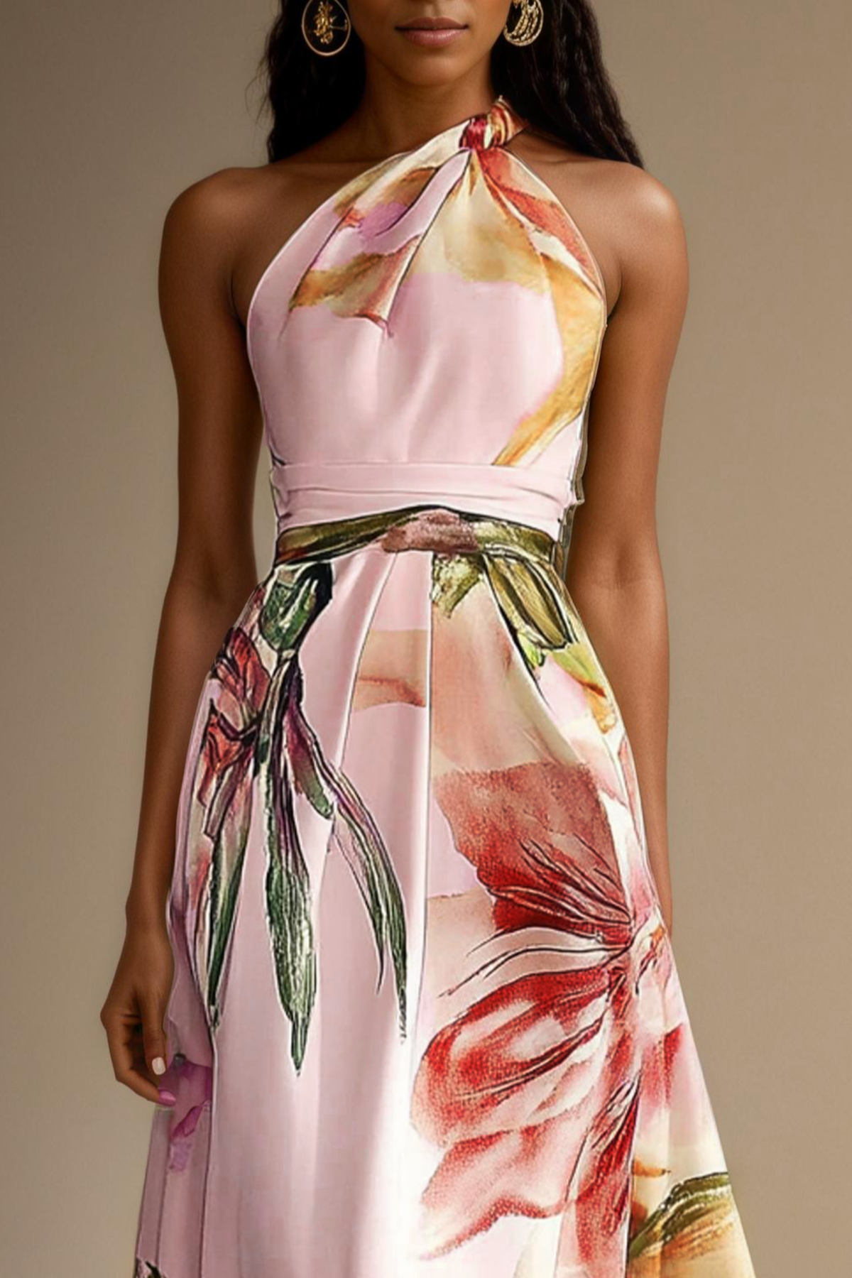 Vestido maxi con cuello halter y estampado floral para mujer con detalle en la cintura