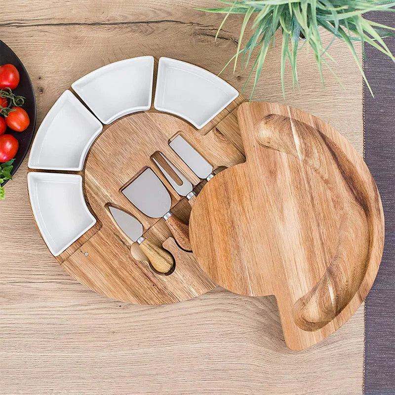 Plateau à fromage rotatif en acacia avec set de couteaux