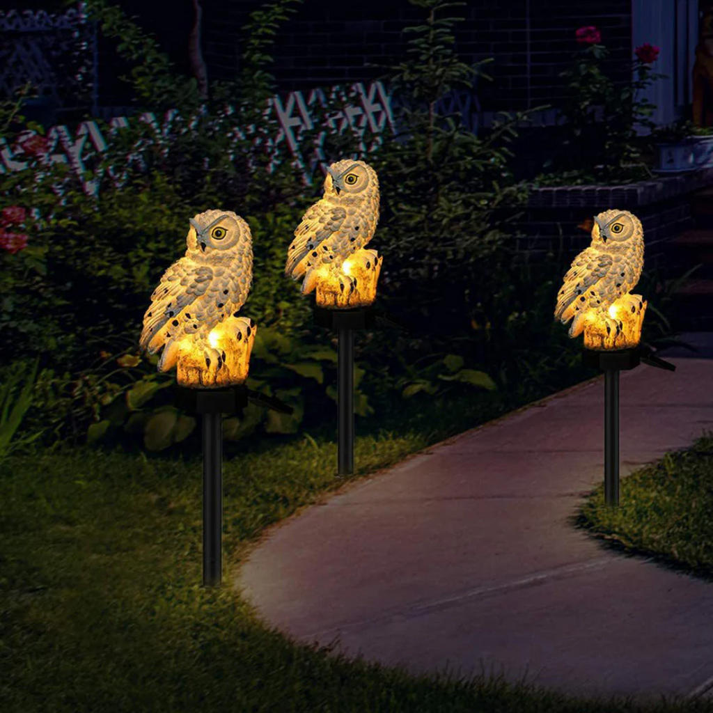 Luz solar de jardín con forma de búho y LED blanco cálido