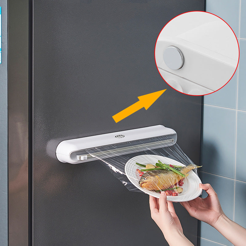 Magnetischer Frischhaltefolienspender aus Kunststoff mit Schiebeschneider